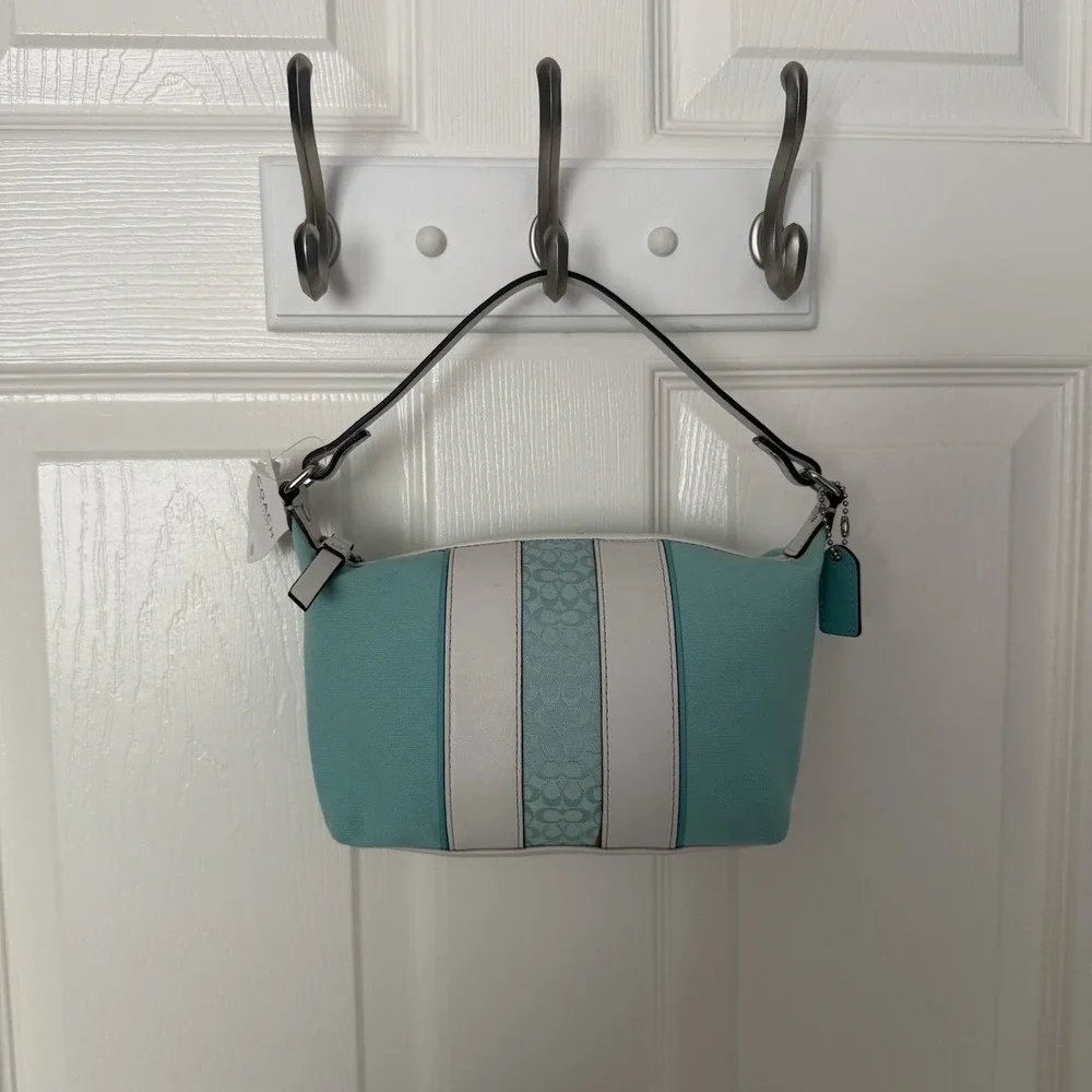 Vintage Coach Y2K Blue White Canvas Leather Signature Stripe Mini Hobo Ban Purse